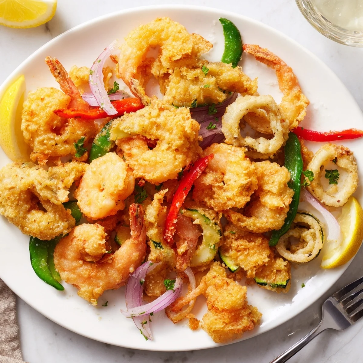 Family-style Crispy Shrimp Fritto Misto served with aioli and lemon