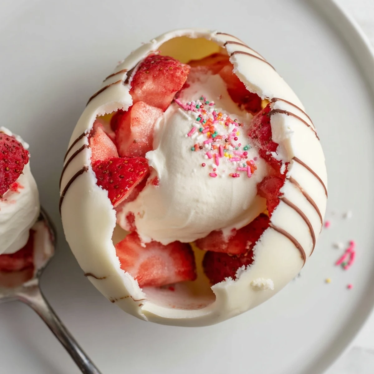 Strawberry Shortcake Easter Egg Bombs with creamy filling, crushed shortcake texture  