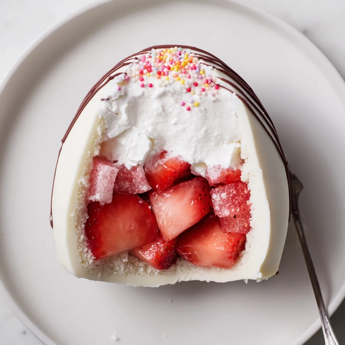 Decorated Strawberry Shortcake Easter Egg Bombs showing glossy chocolate shells and macerated strawberries