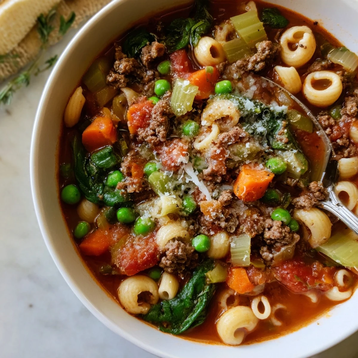 Hearty, steaming bowl of Delicious Homemade Ground Beef Pasta Soup Recipe For Comfort