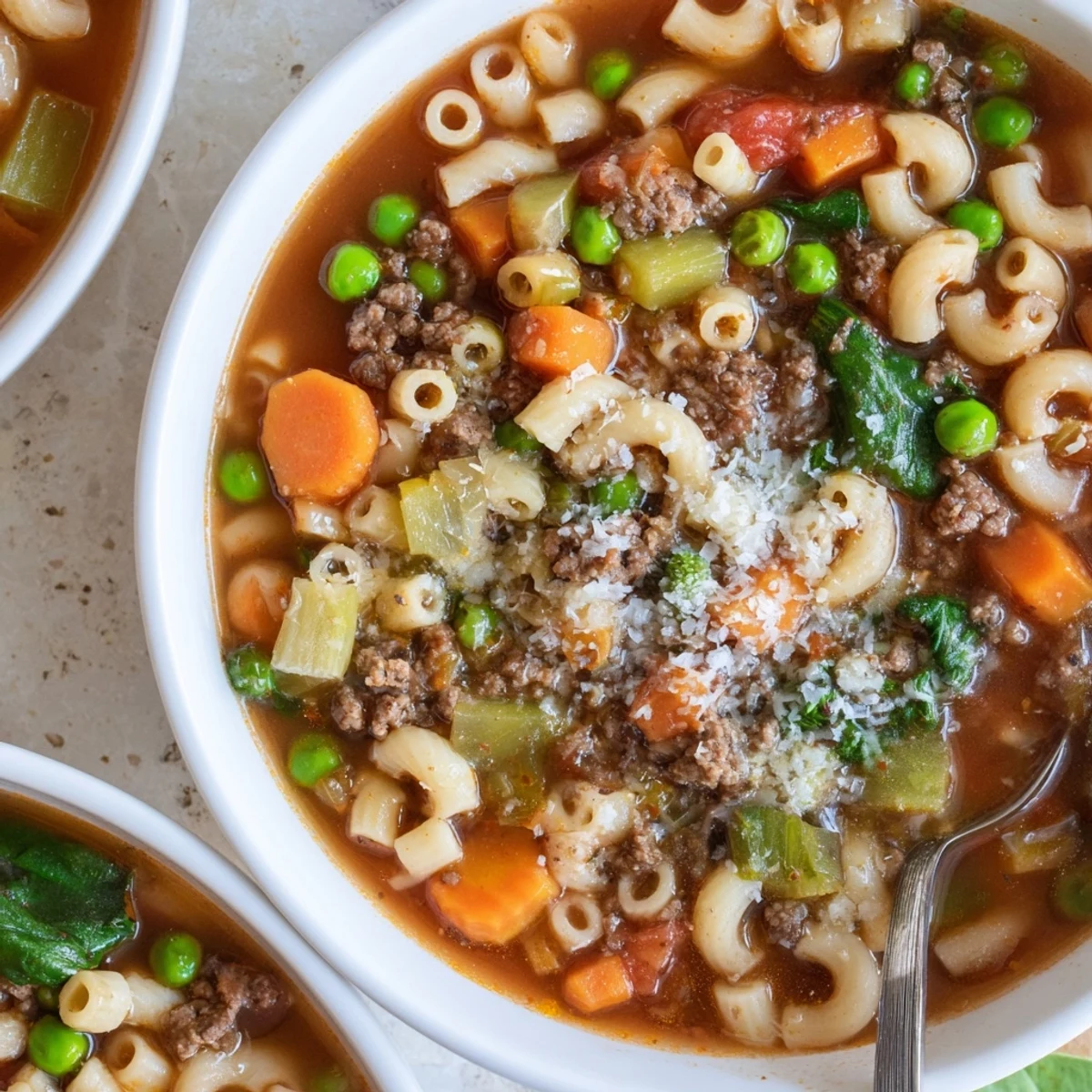 Delicious Homemade Ground Beef Pasta Soup Recipe For Comfort topped with grated Parmesan