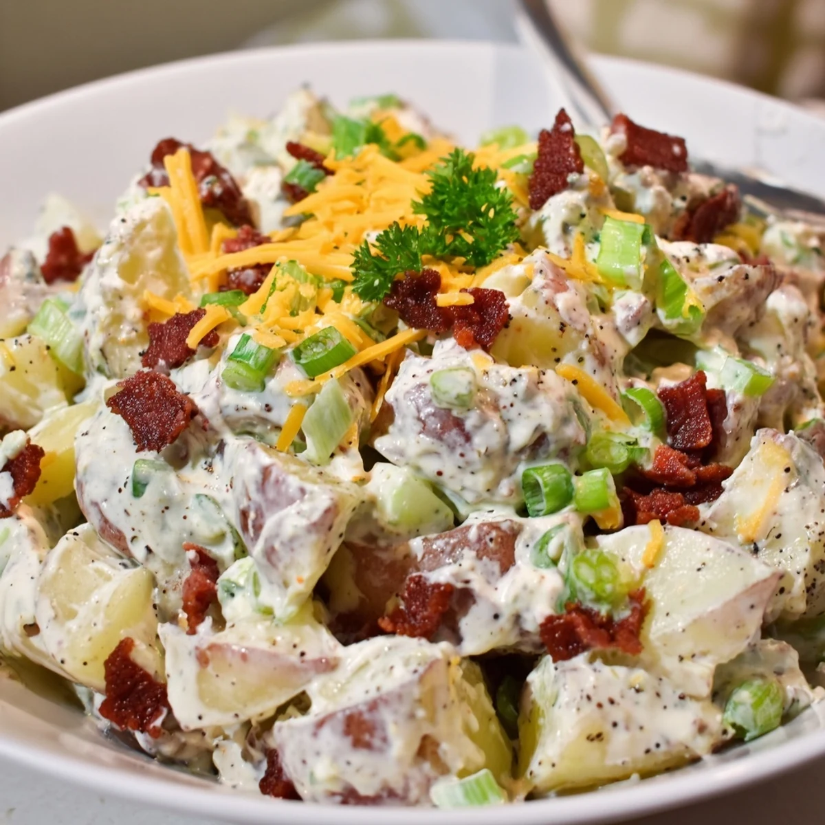Beef Bacon Loaded Potato Salad piled high with smoky bacon, sharp cheddar