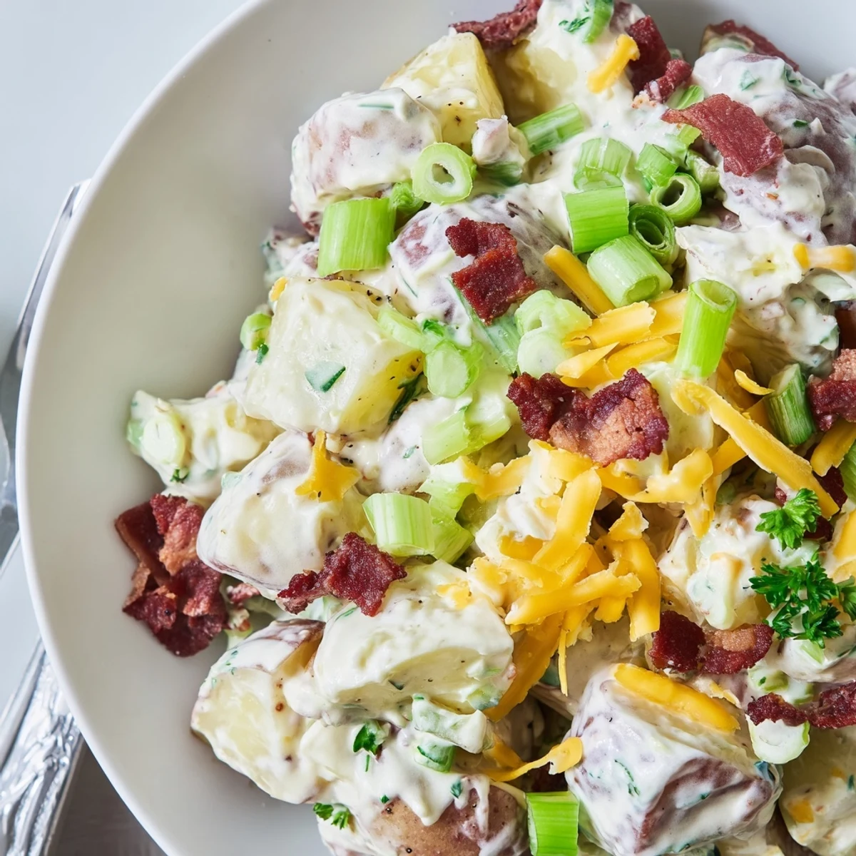 At backyard barbecues, Beef Bacon Loaded Potato Salad bursts with cheesy, tangy flavor