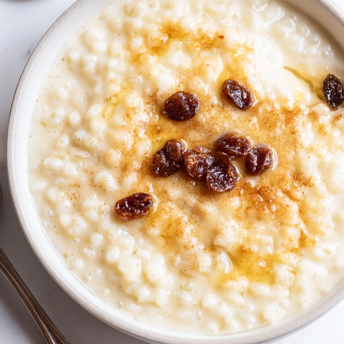Golden-top Delicious Condensed Milk Baked Rice Pudding, warm, creamy, cinnamon-sprinkled.