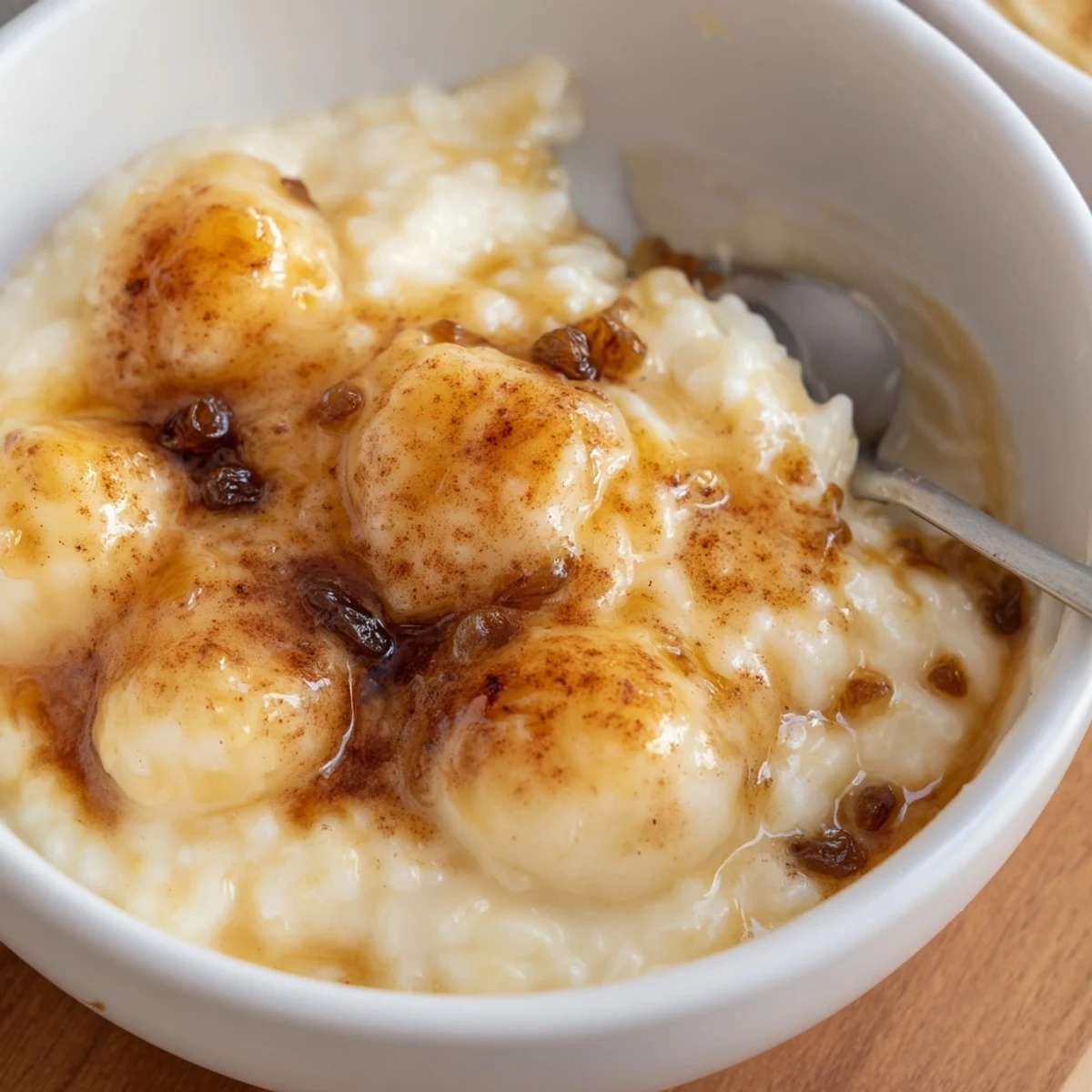 Spoon-ready Delicious Condensed Milk Baked Rice Pudding served warm with raisins.