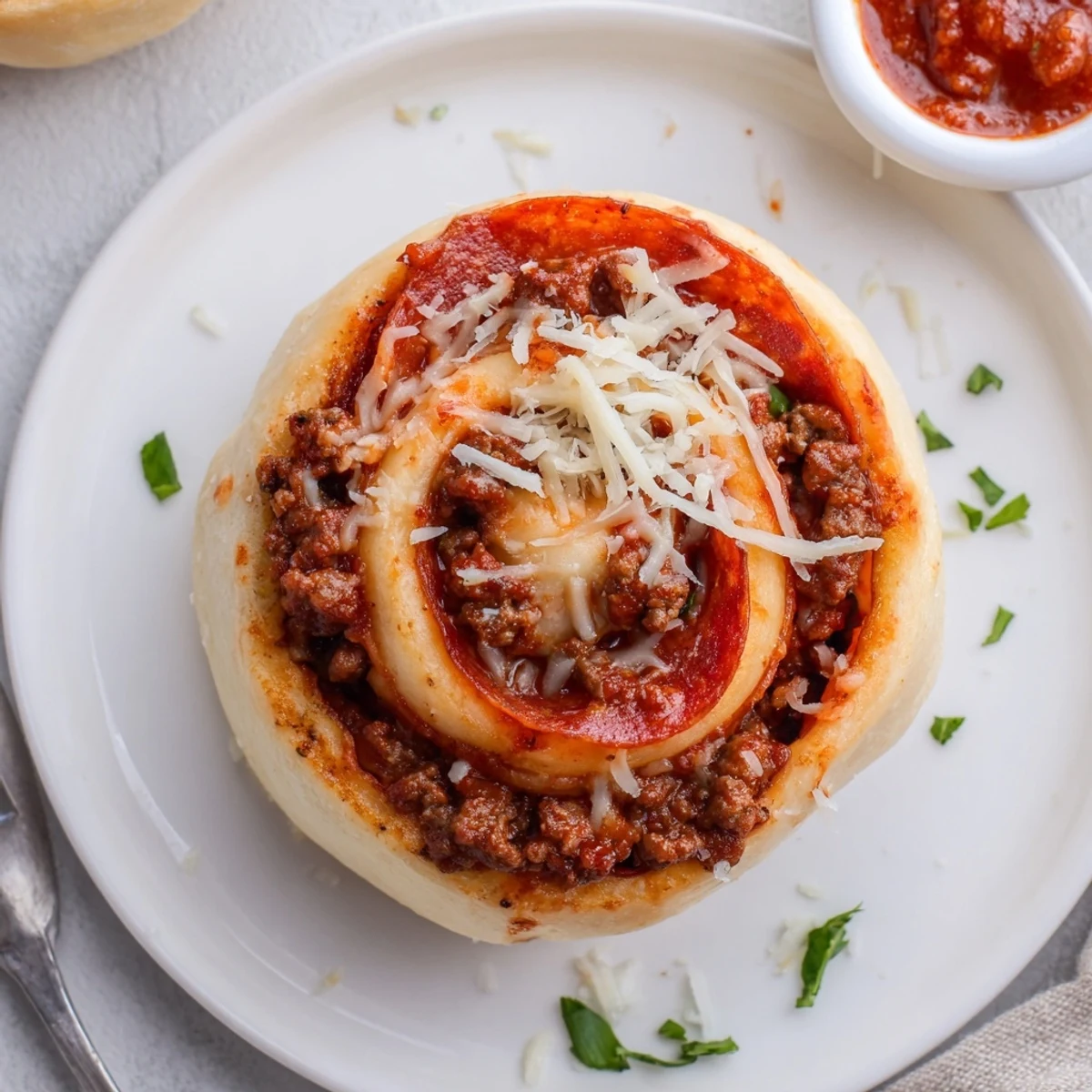Golden, bubbly Cheesy Beef Pepperoni Pizza Roll Ups cooling on parchment, ready for dipping