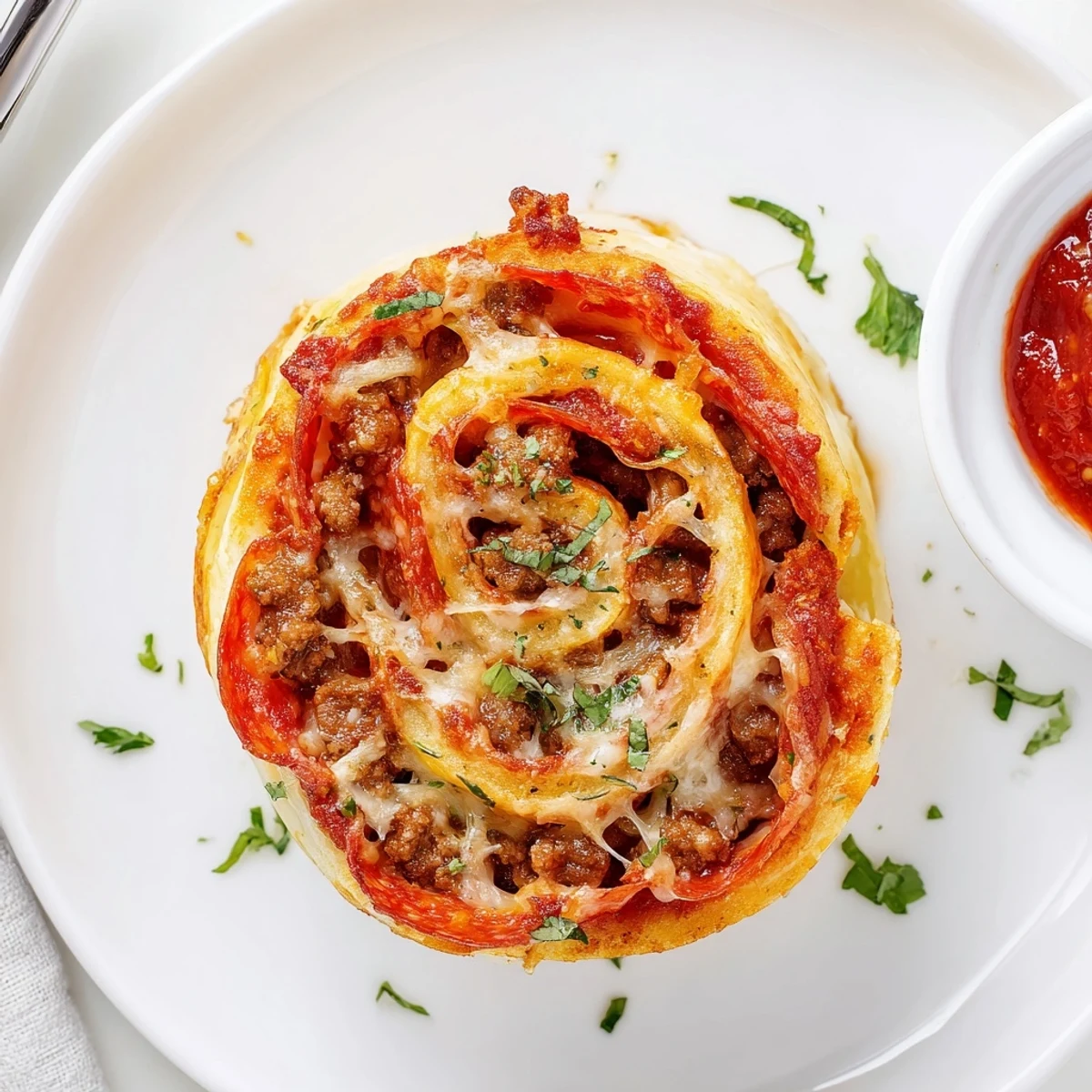 Hot Cheesy Beef Pepperoni Pizza Roll Ups with oozing cheese, served with marinara