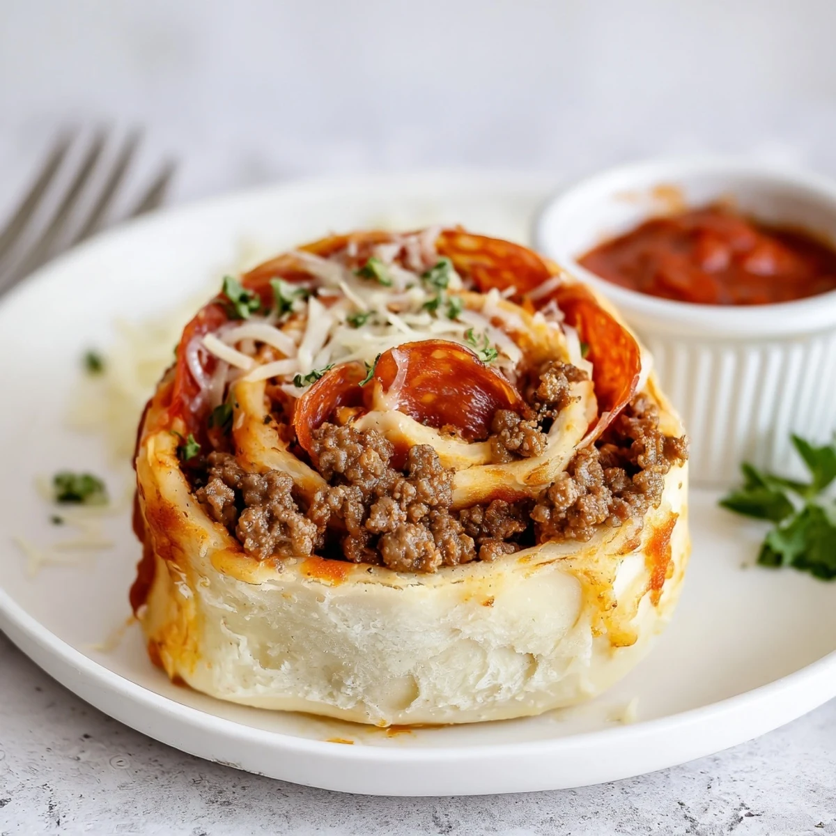 Baked Cheesy Beef Pepperoni Pizza Roll Ups on a sheet, garnished with basil