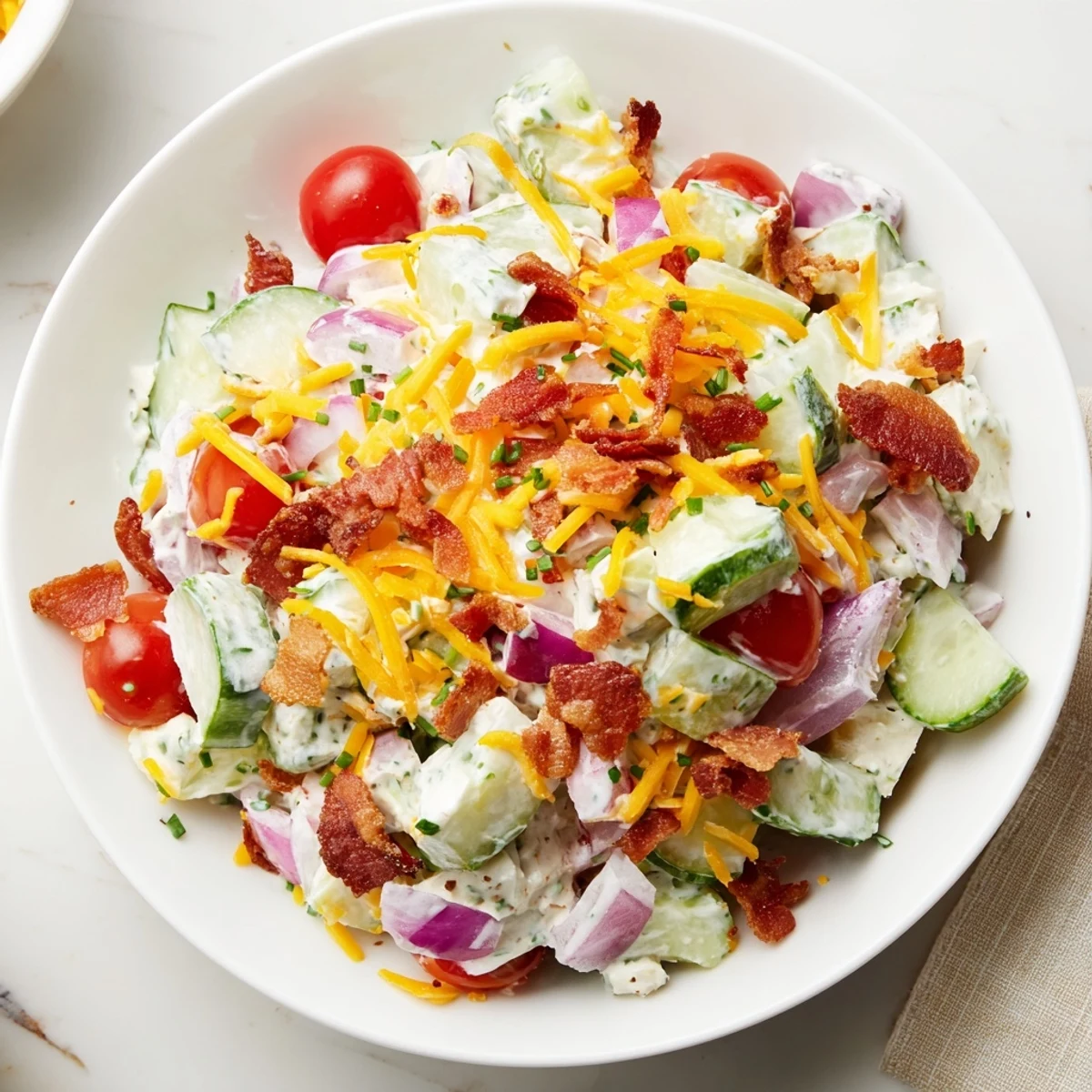 Cucumber Ranch Crack Salad piled in bowl, creamy ranch and crunchy bacon