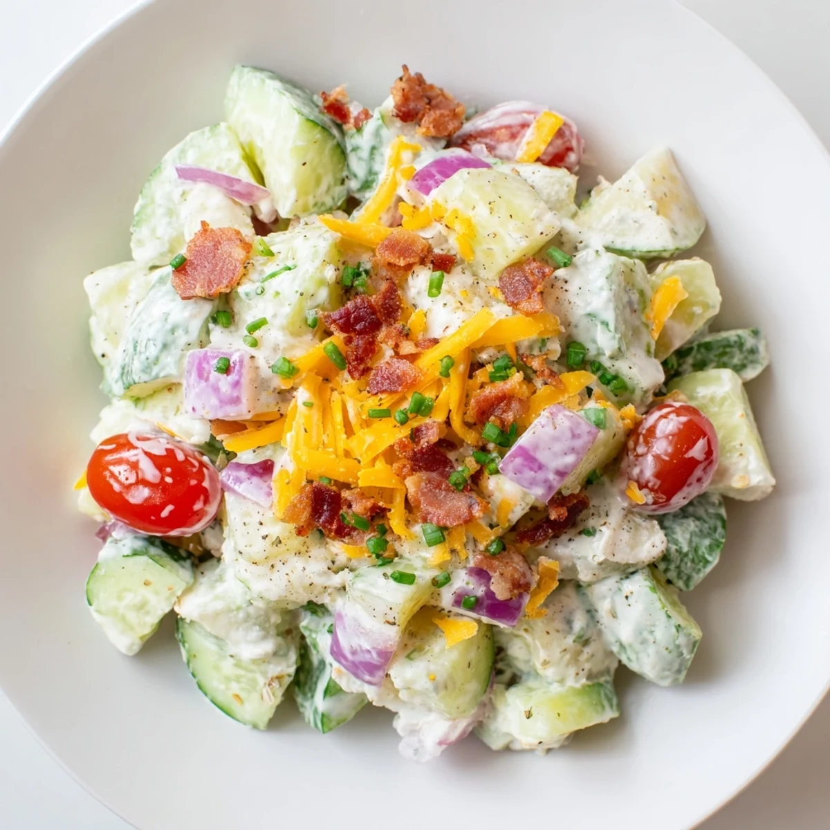 Cucumber Ranch Crack Salad served at potlucks, bright cucumbers and smoky bacon