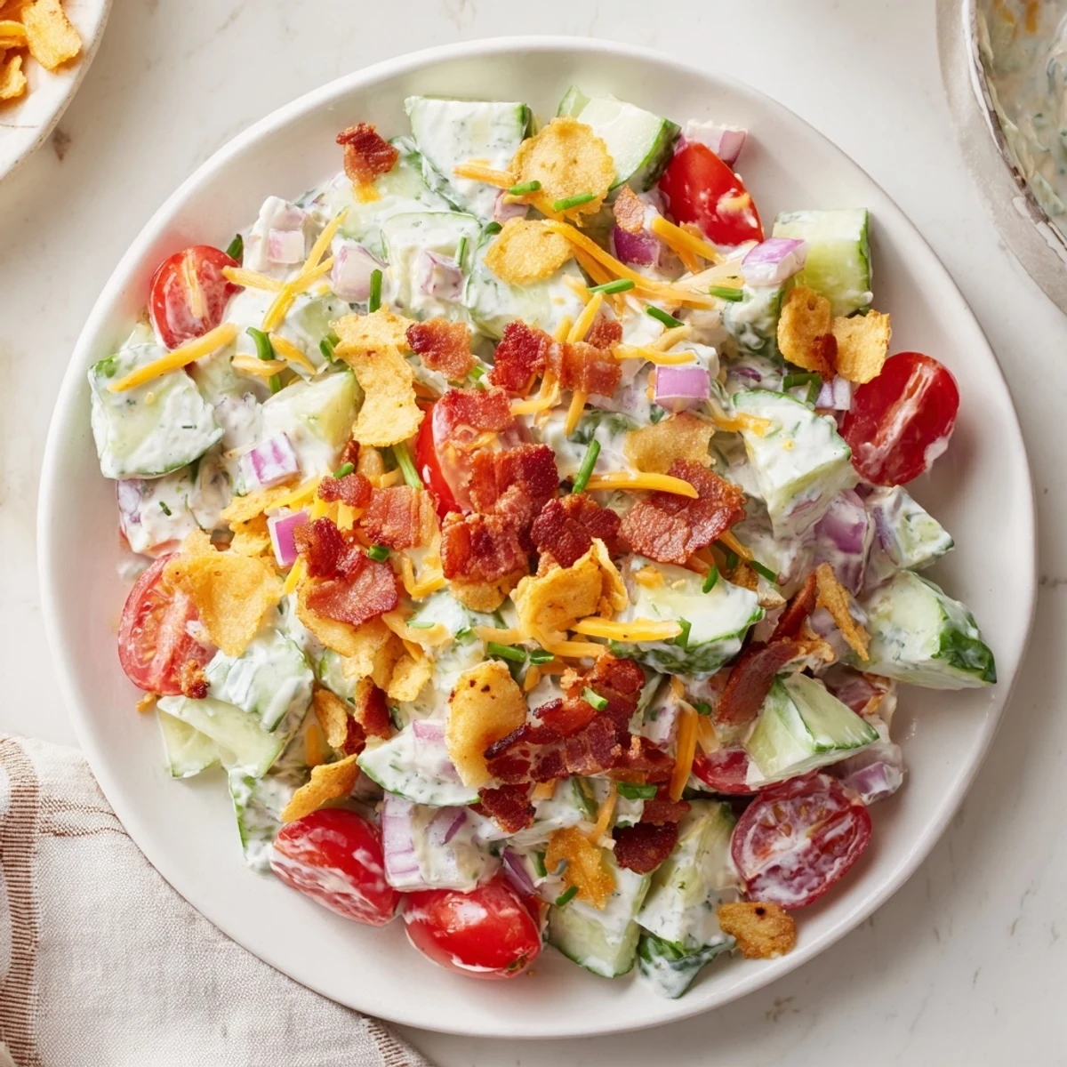 Creamy Cucumber Ranch Crack Salad with sharp cheddar, chips, and chives