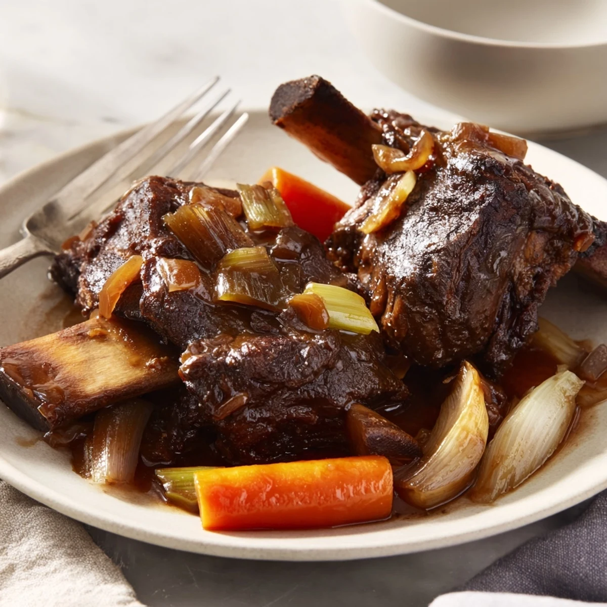 Slow Cooker Beef Short Ribs braising in rich red wine sauce, vegetables visible  