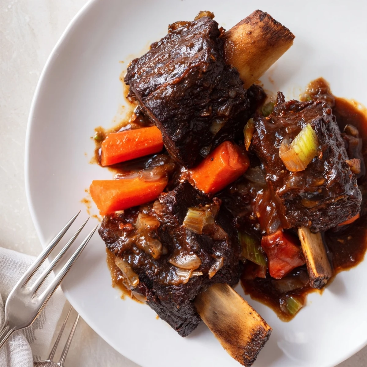 Slow Cooker Beef Short Ribs glistening with glossy gravy, rosemary sprigs and carrots