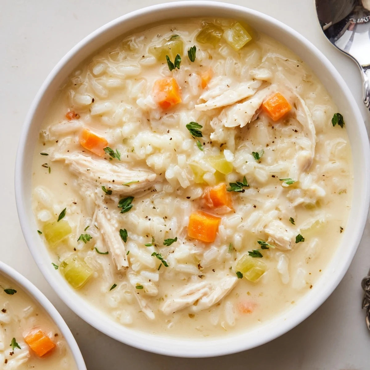 Creamy Chicken Rice Soup steaming in bowl, tender chicken and herbs.