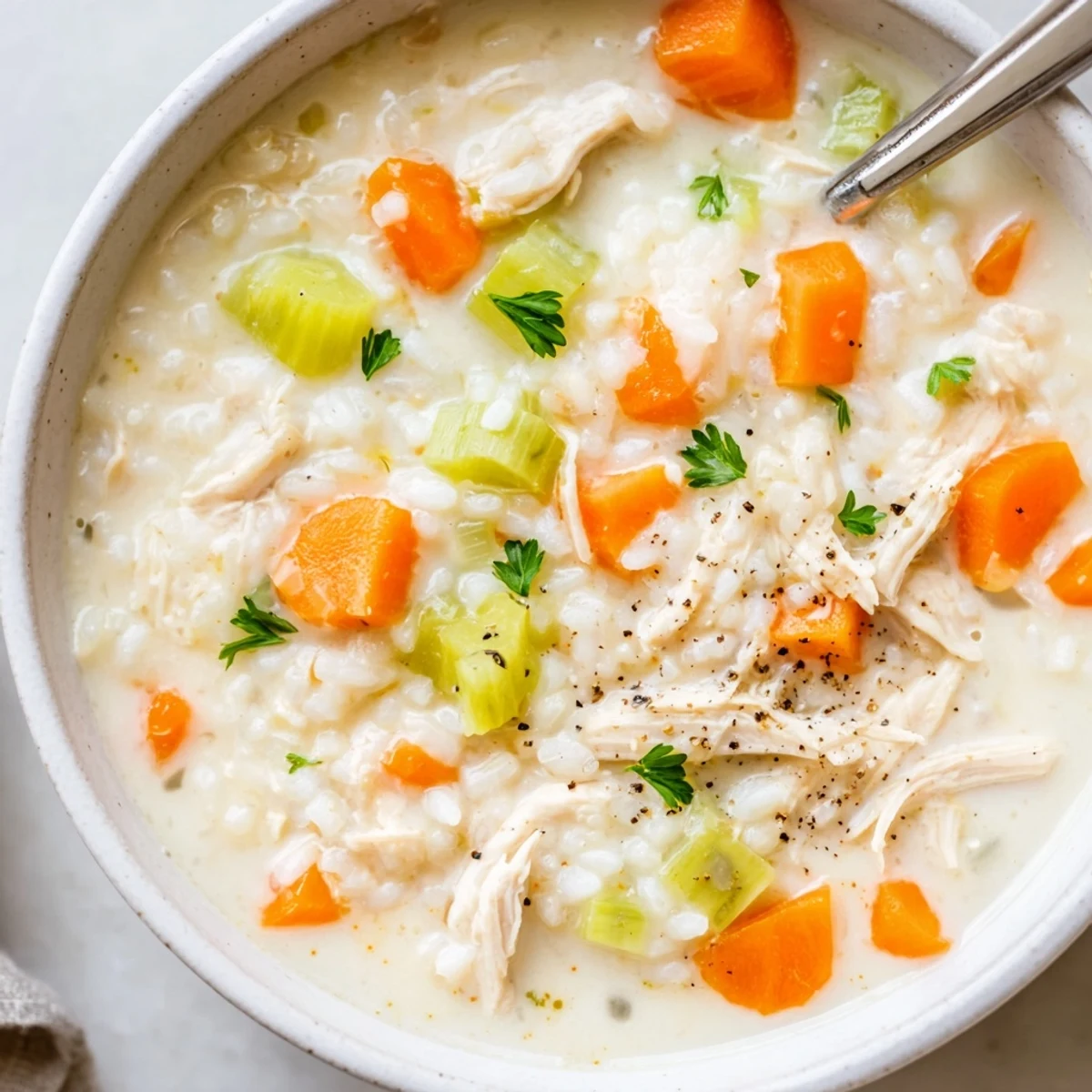 Warm Creamy Chicken Rice Soup ladled with velvety broth, shredded chicken.