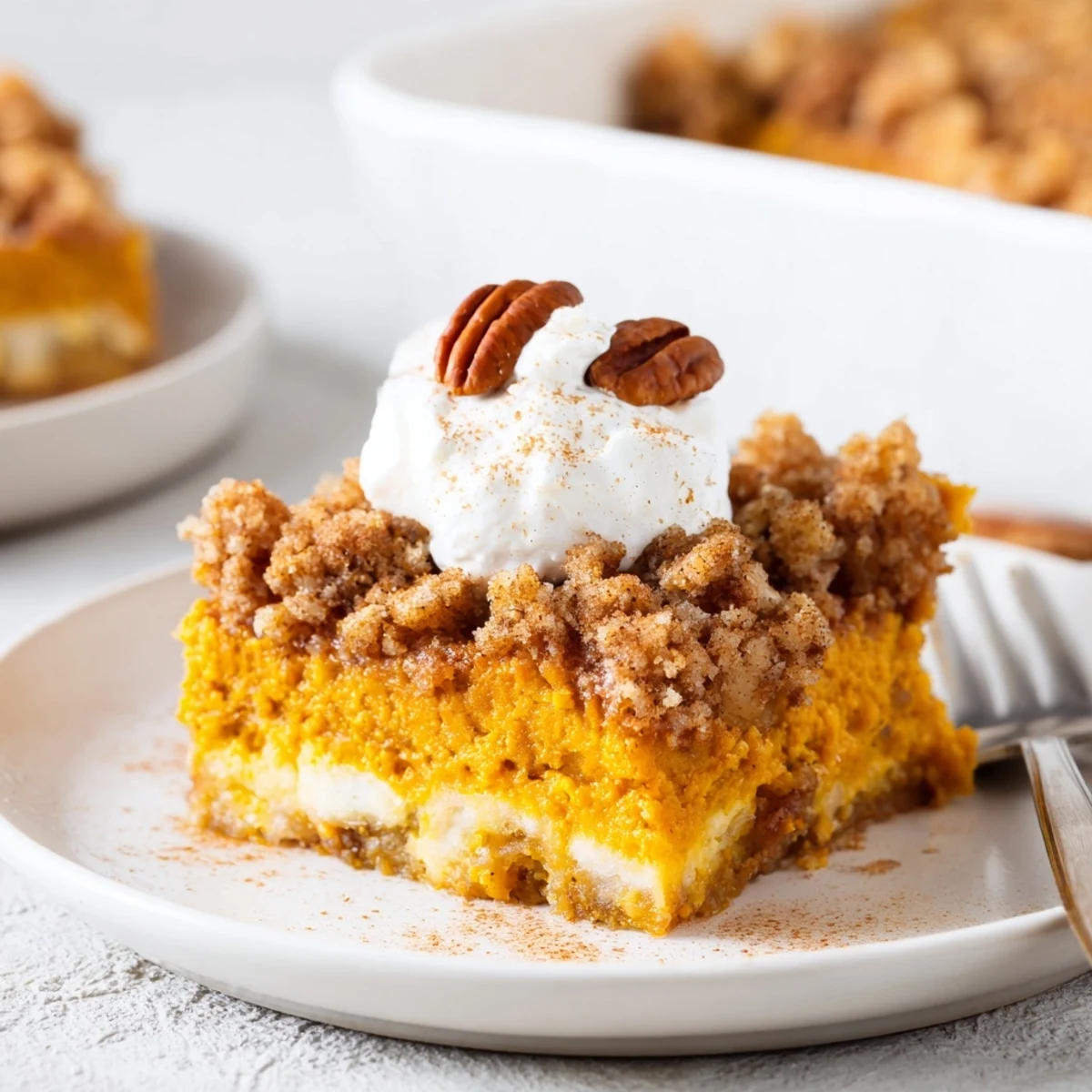Pumpkin Dump Cake with golden crunchy pecan topping cooling in pan