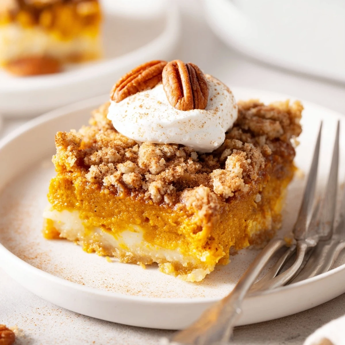 Warm Pumpkin Dump Cake oozing spiced pumpkin, served with vanilla ice cream