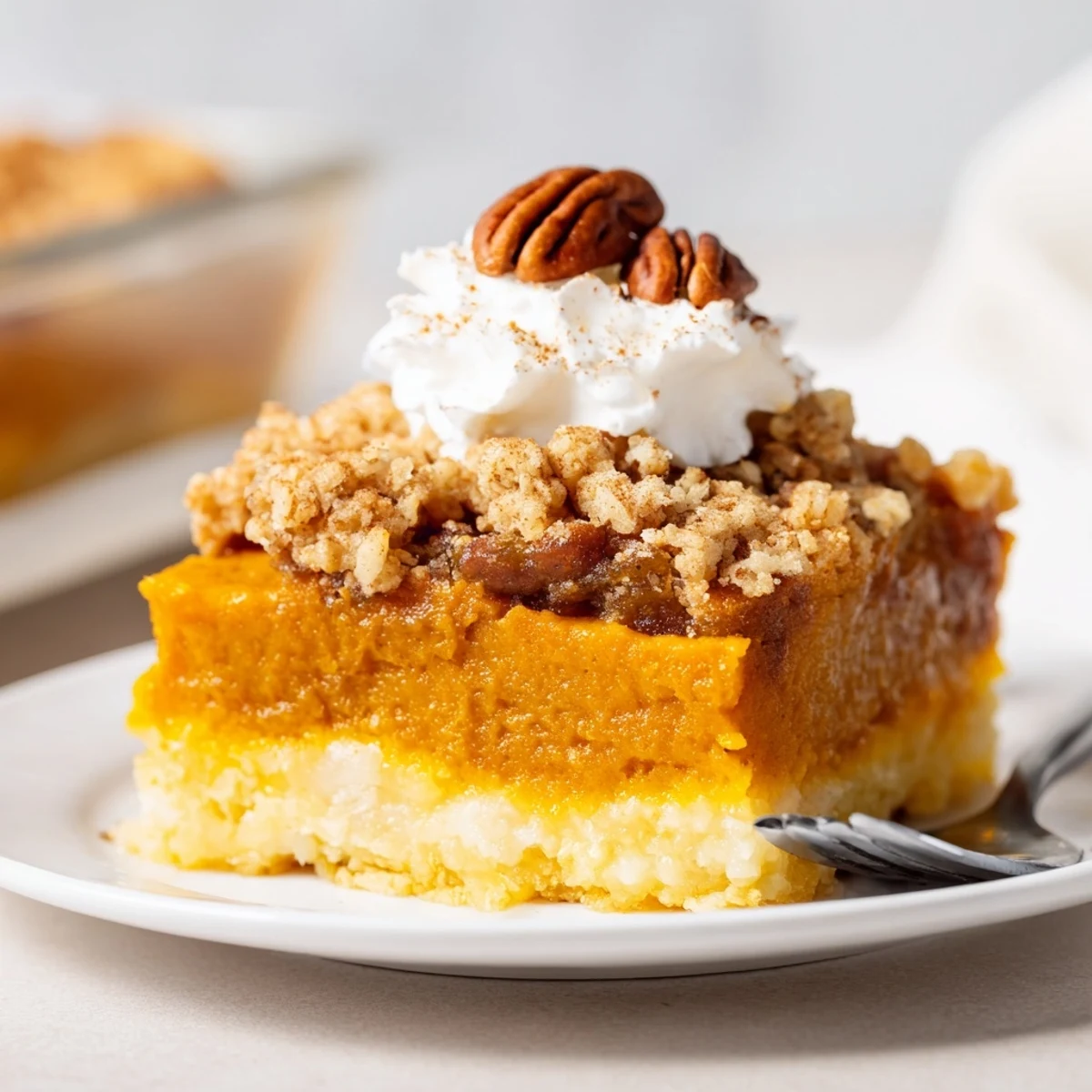 Slice of Pumpkin Dump Cake showing moist custardy interior and buttery crust