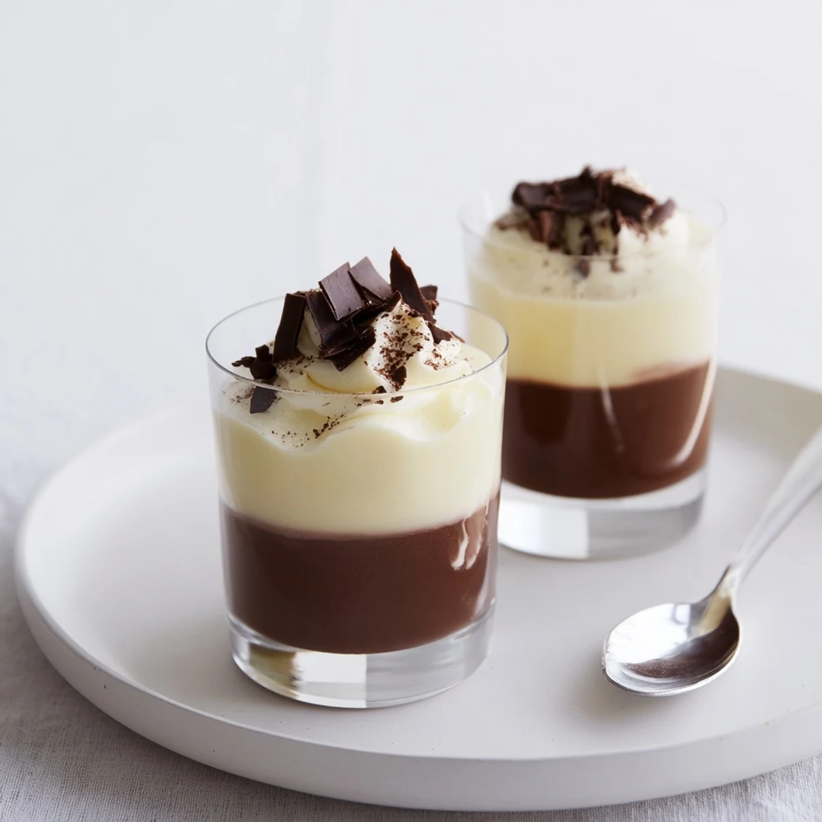 Triple Chocolate Mousse Cups layered in glass, glossy swirls, creamy, chilled