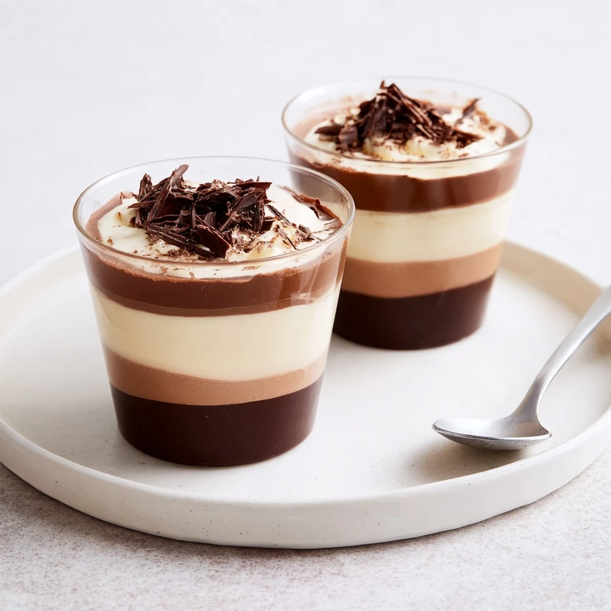 Rich Triple Chocolate Mousse Cups served on tray, velvety layers, spoon-ready
