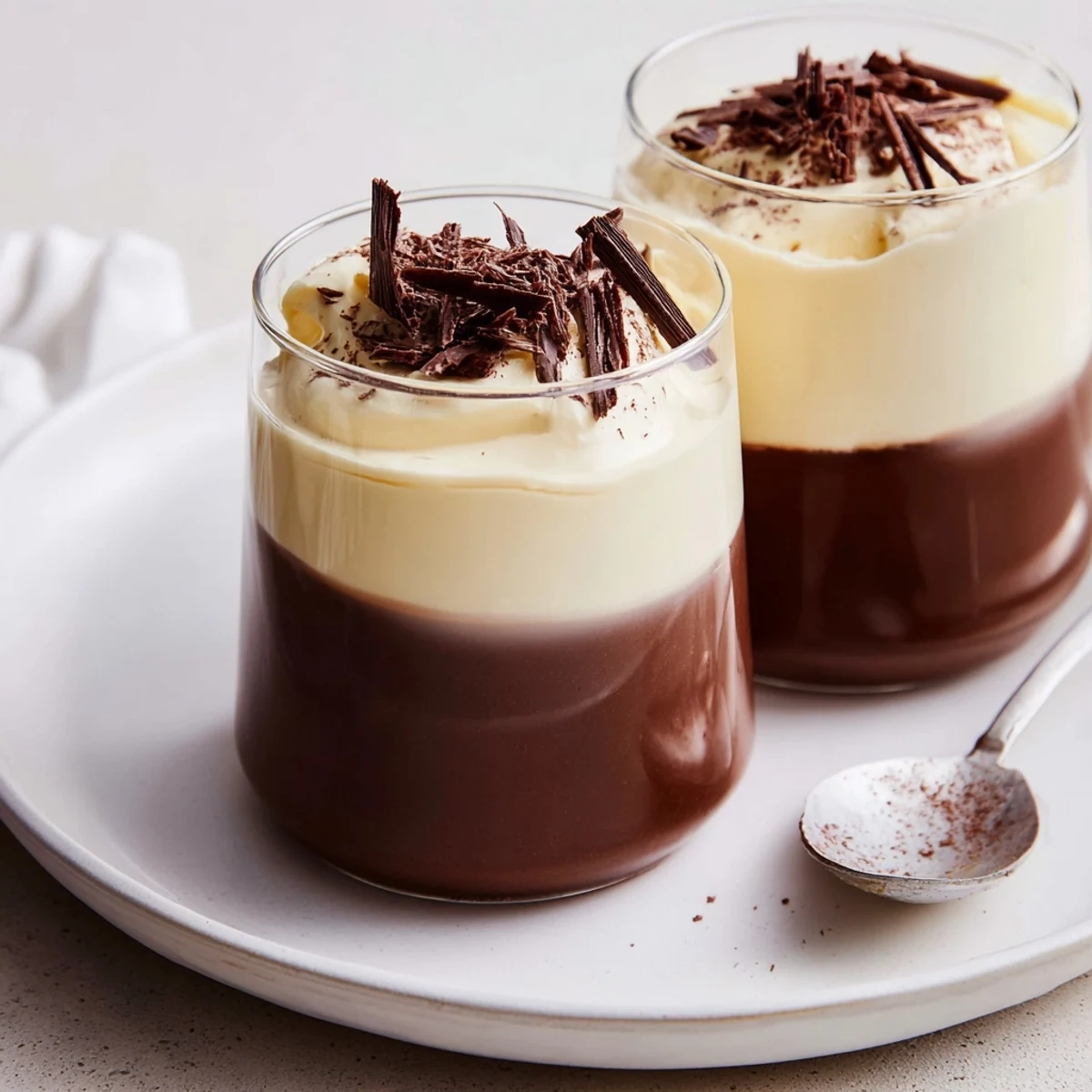 Six Triple Chocolate Mousse Cups garnished with shaved chocolate, airy texture
