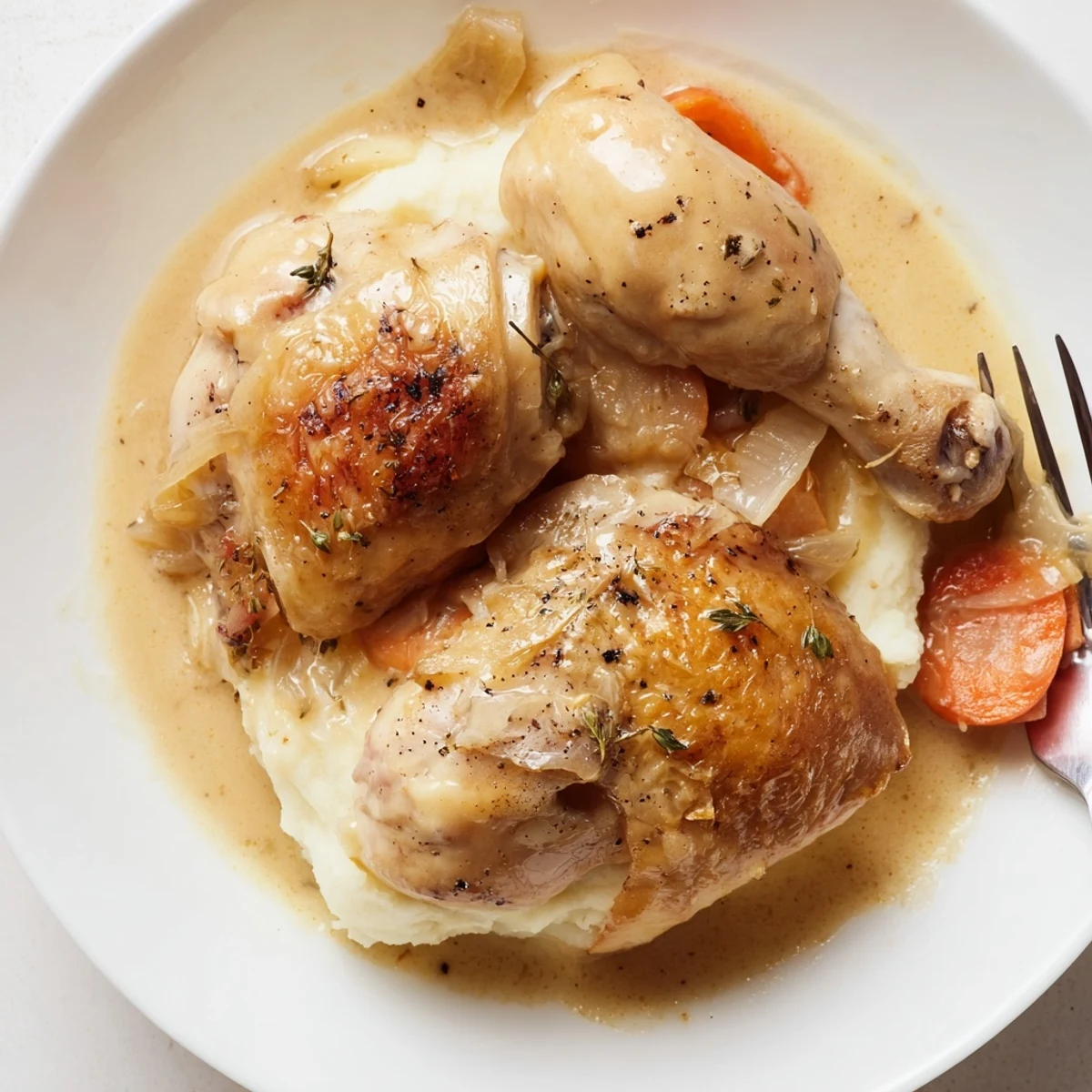 Spoon-ready French Chicken Casserole à la Normande with creamy cider sauce