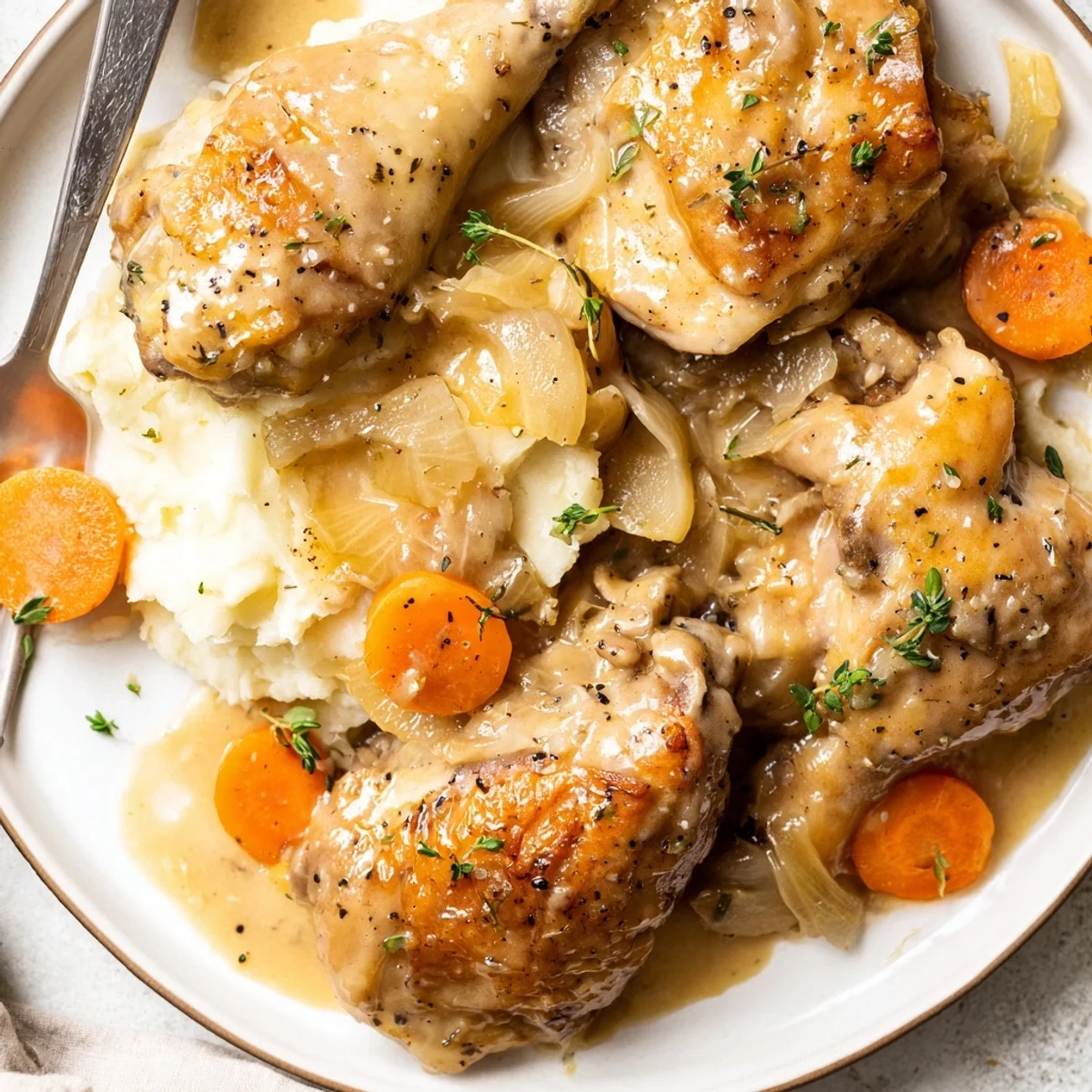 French Chicken Casserole à la Normande bubbling in Dutch oven, apples and thyme