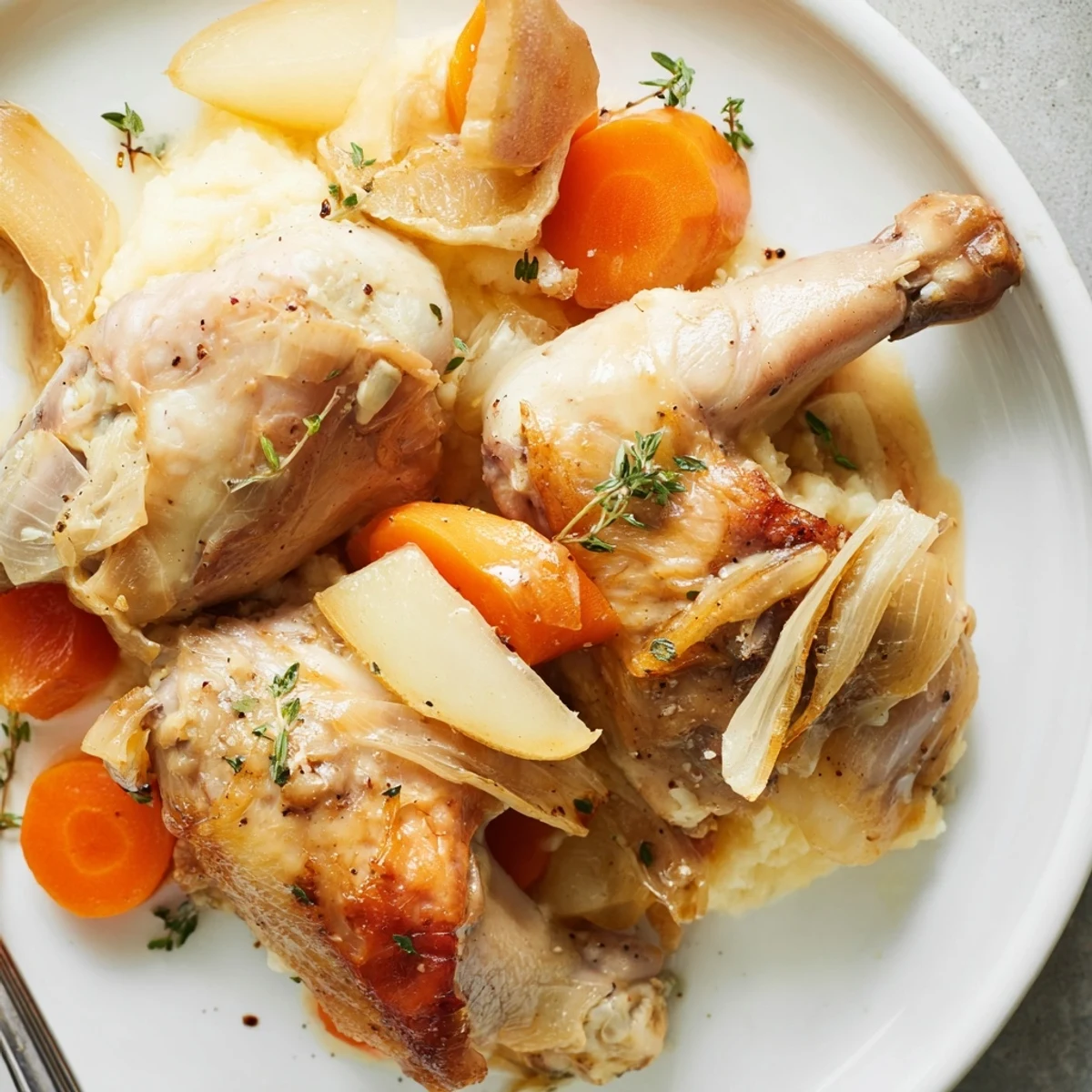 Rustic French Chicken Casserole à la Normande served with crusty baguette and mashed potatoes