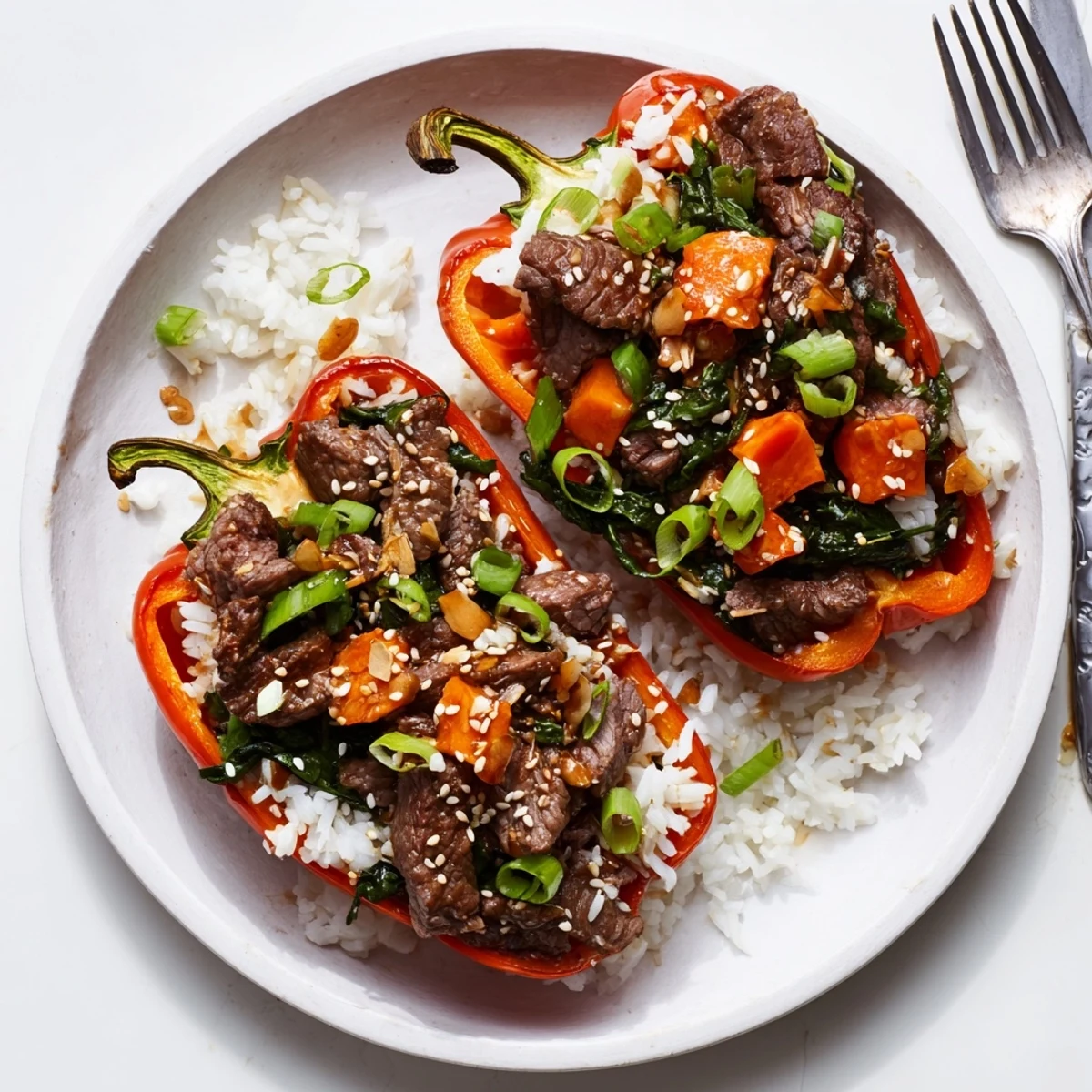Colorful stuffed bell peppers filled with tender marinated beef and aromatic rice mixture