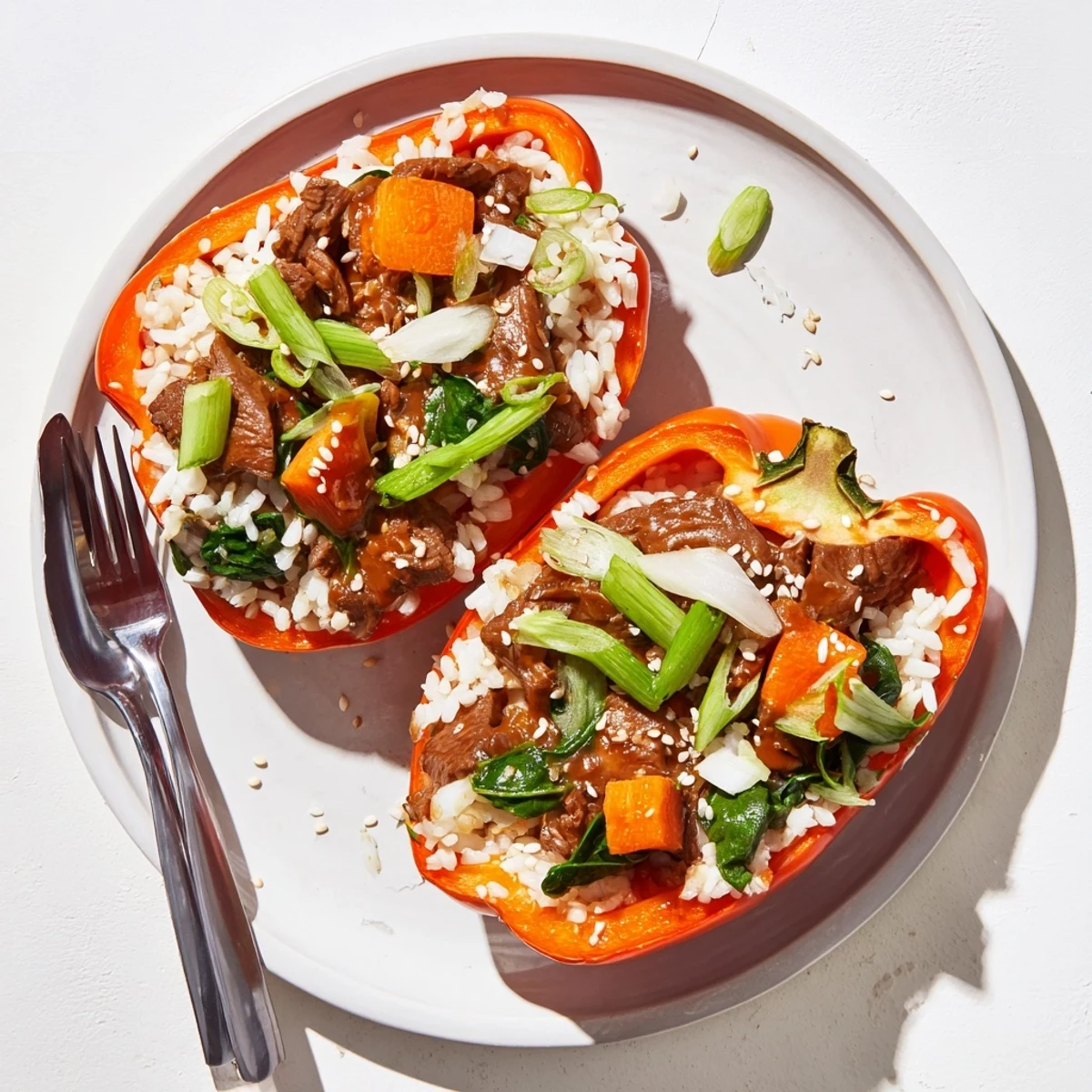 Baked Korean beef bulgogi stuffed peppers garnished with fresh scallions and toasted sesame seeds