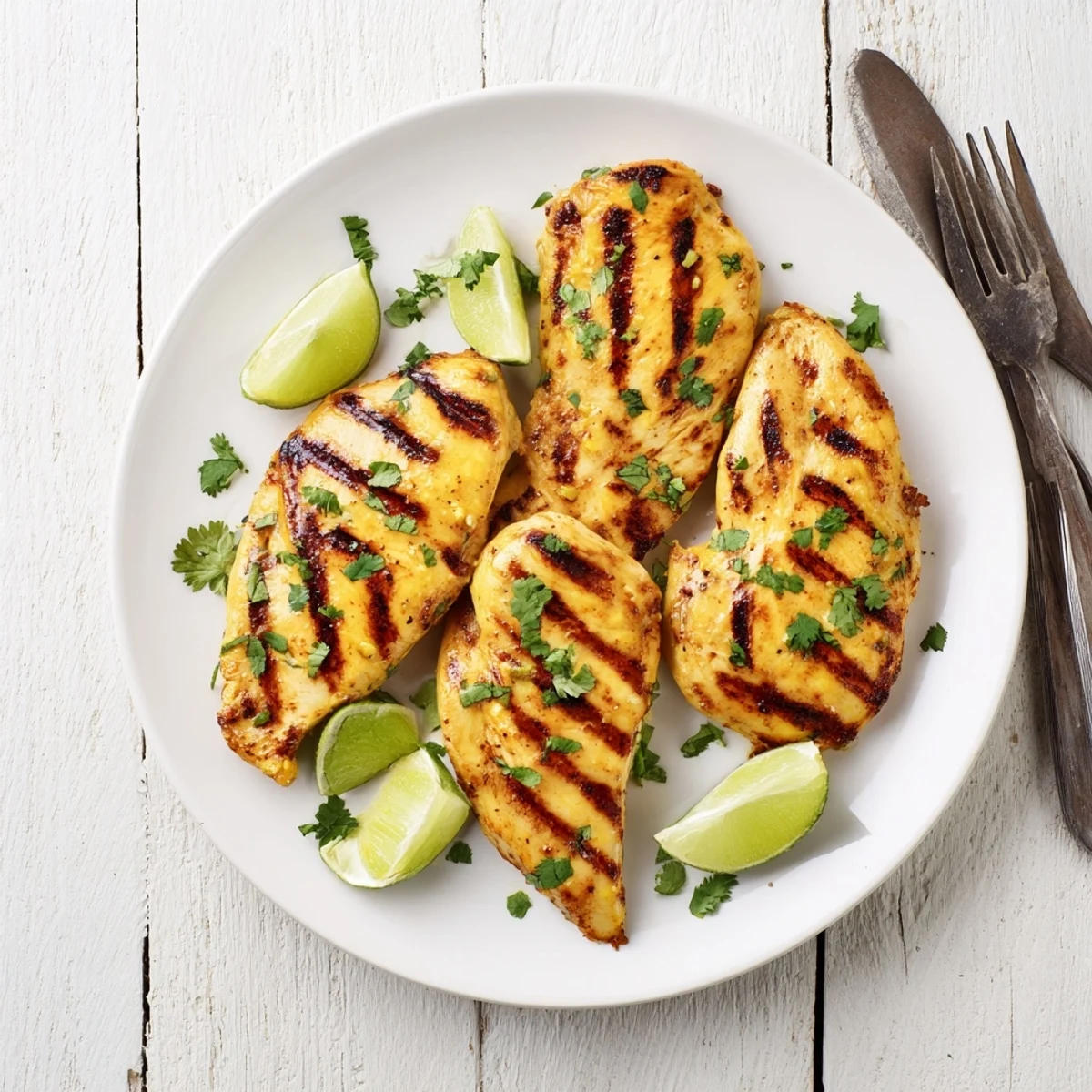Tender chicken breast pieces glazed in tropical mango lime sauce with grilled char lines visible