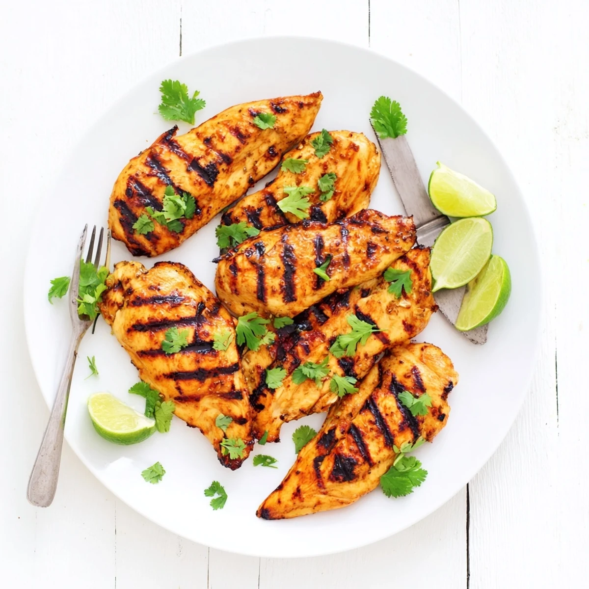 Golden grilled mango lime chicken breasts with char marks and fresh cilantro garnish on a white plate