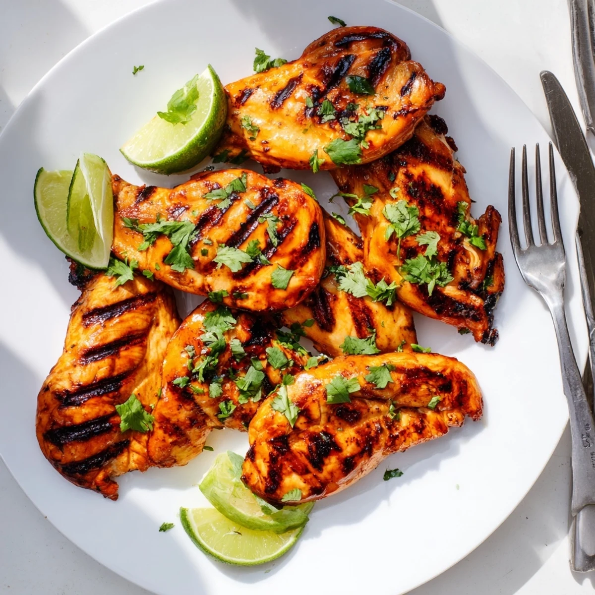Juicy marinated chicken grilled to perfection topped with chopped cilantro and lime wedge on serving platter