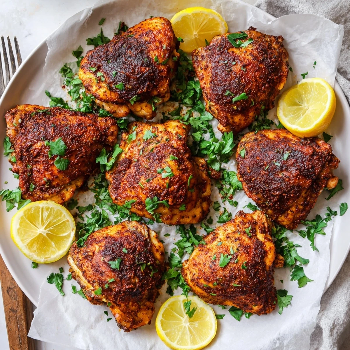 Golden roasted Moroccan spiced chicken thighs with crispy skin and fresh cilantro garnish on a white serving plate