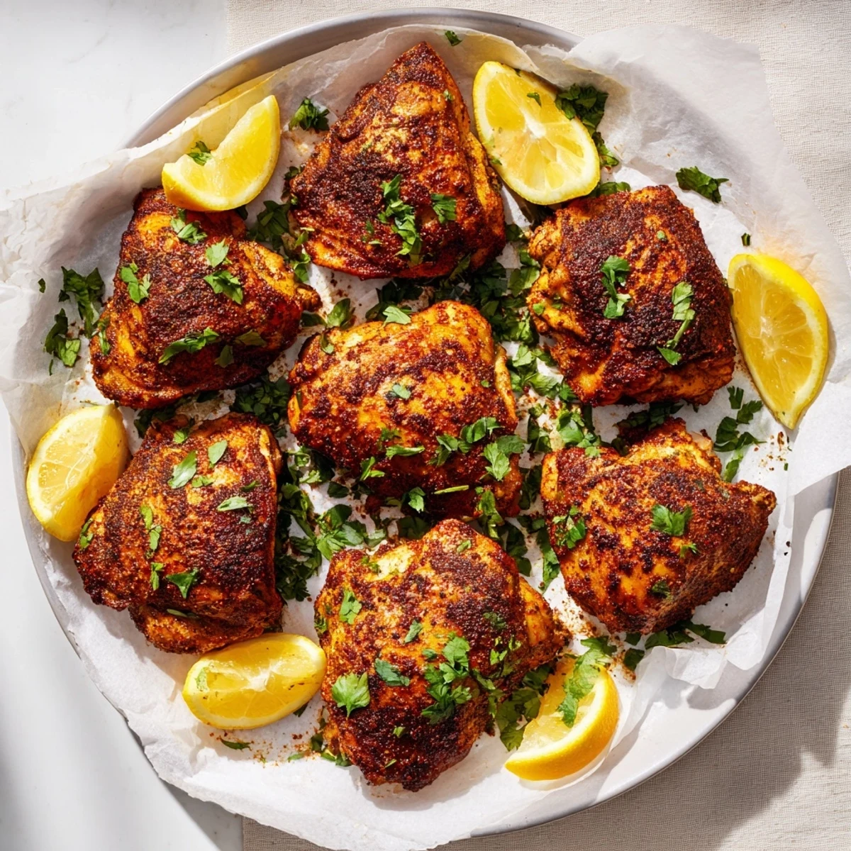 Fragrant Moroccan spiced chicken thighs arranged on a baking sheet with caramelized edges and golden brown skin
