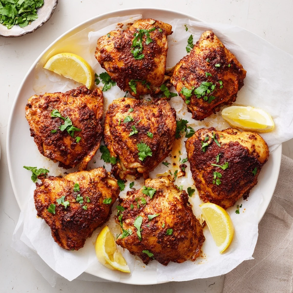 Juicy Moroccan spiced chicken thighs served with lemon wedges and sprinkled with chopped fresh cilantro
