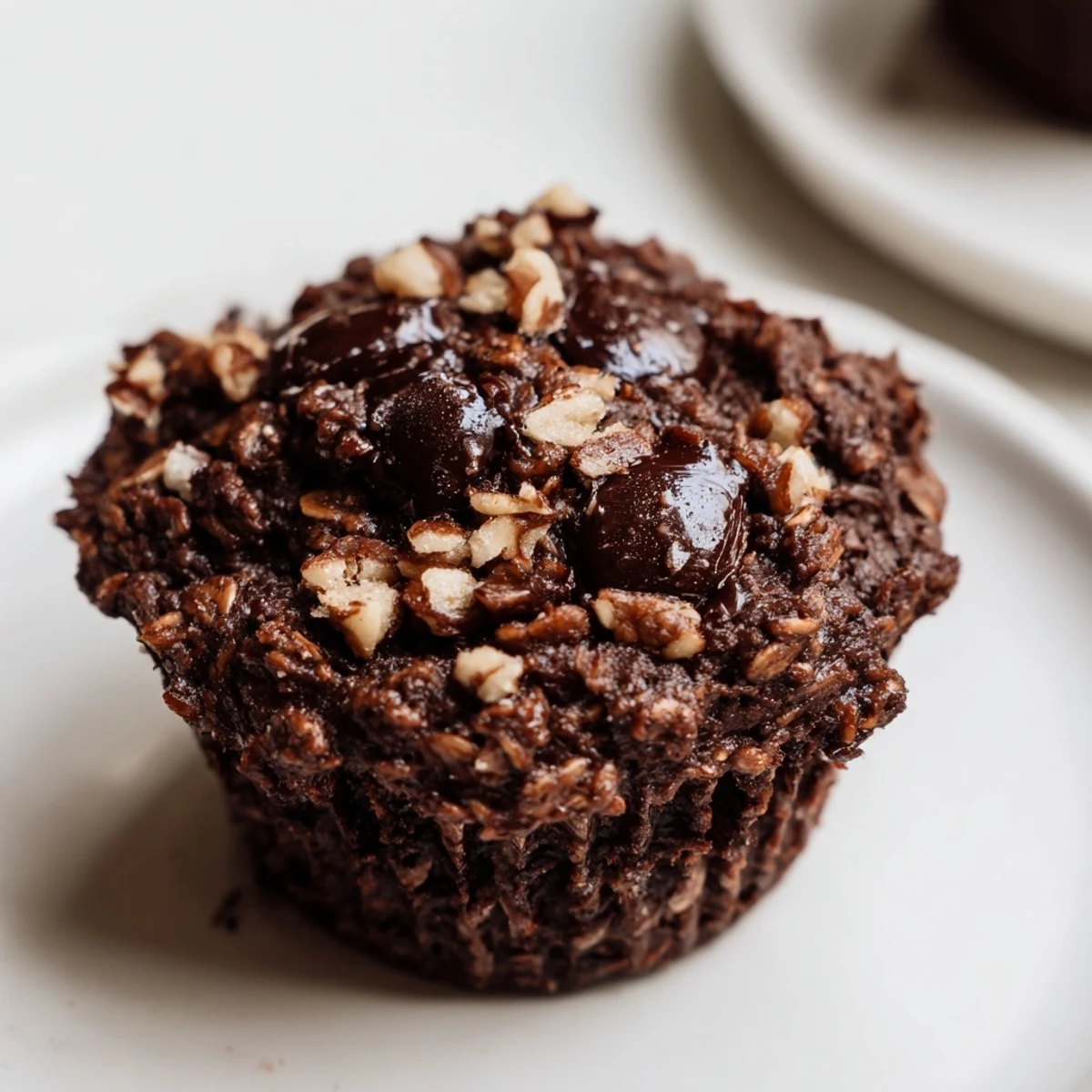 Freshly baked decadent dark chocolate oatmeal cups with melty chips and chopped walnuts on a wire cooling rack