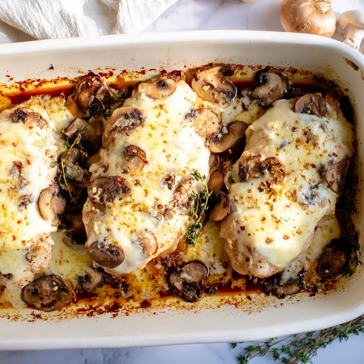 Golden cheesy baked chicken with mushrooms bubbling in a white ceramic baking dish