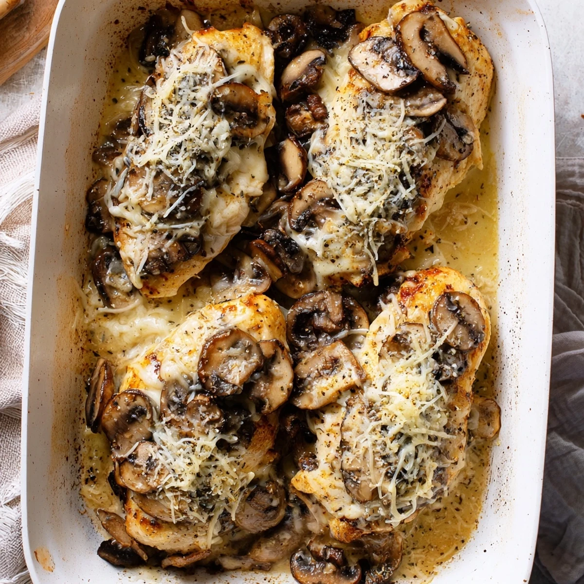 Tender chicken breasts topped with melted mozzarella and earthy sliced cremini mushrooms