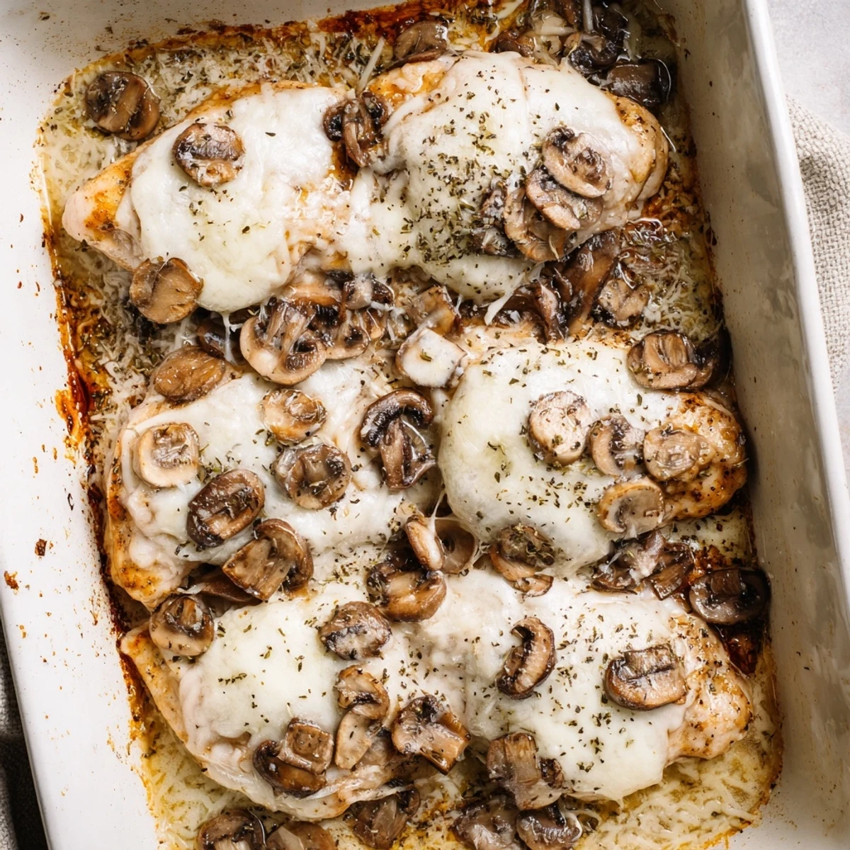 Comforting cheesy baked chicken with mushrooms fresh from the oven garnished with herbs