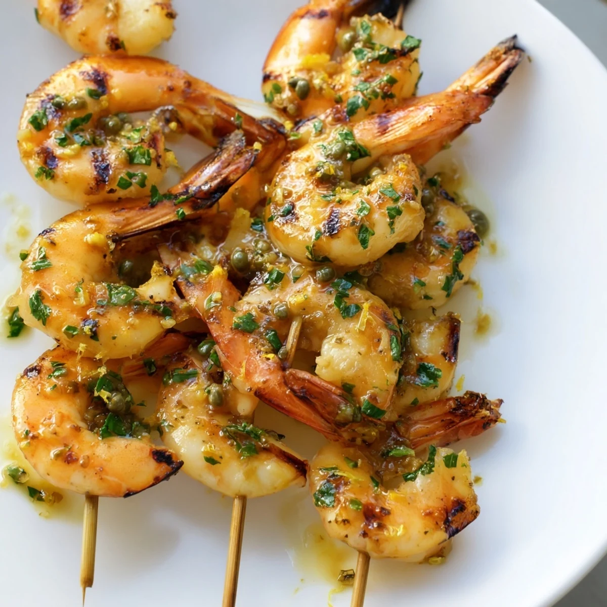 Golden grilled shrimp piccata skewers brushed with zesty lemon butter sauce and fresh parsley