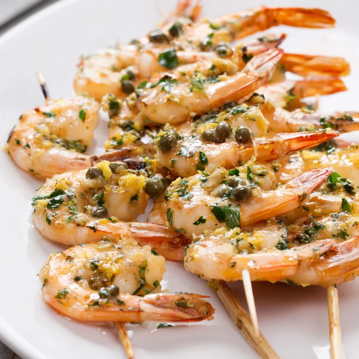Juicy shrimp threaded on skewers grilled to perfection and coated in tangy piccata glaze