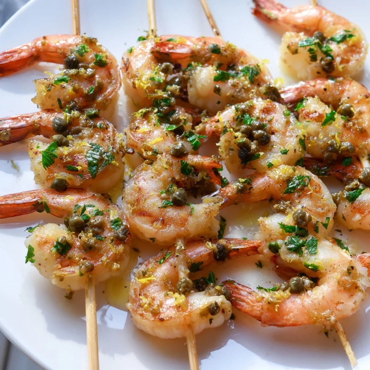 Charred grilled shrimp piccata on skewers drizzled with buttery caper sauce and lemon wedges
