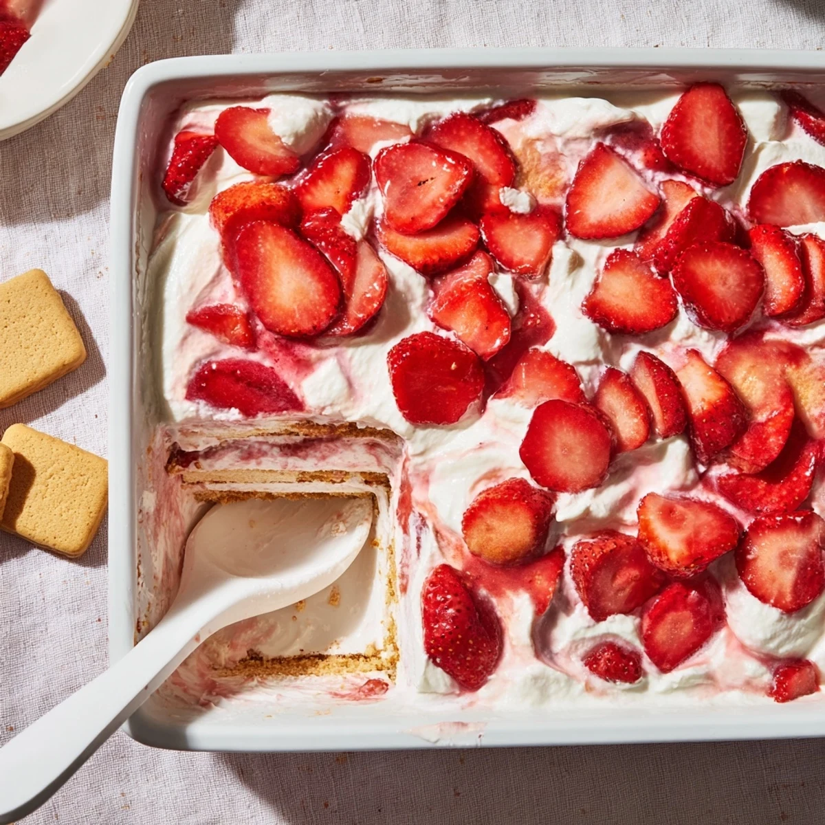 No bake strawberry shortcake dessert featuring layered shortbread cookies, whipped cream cheese filling, and fresh juicy strawberries