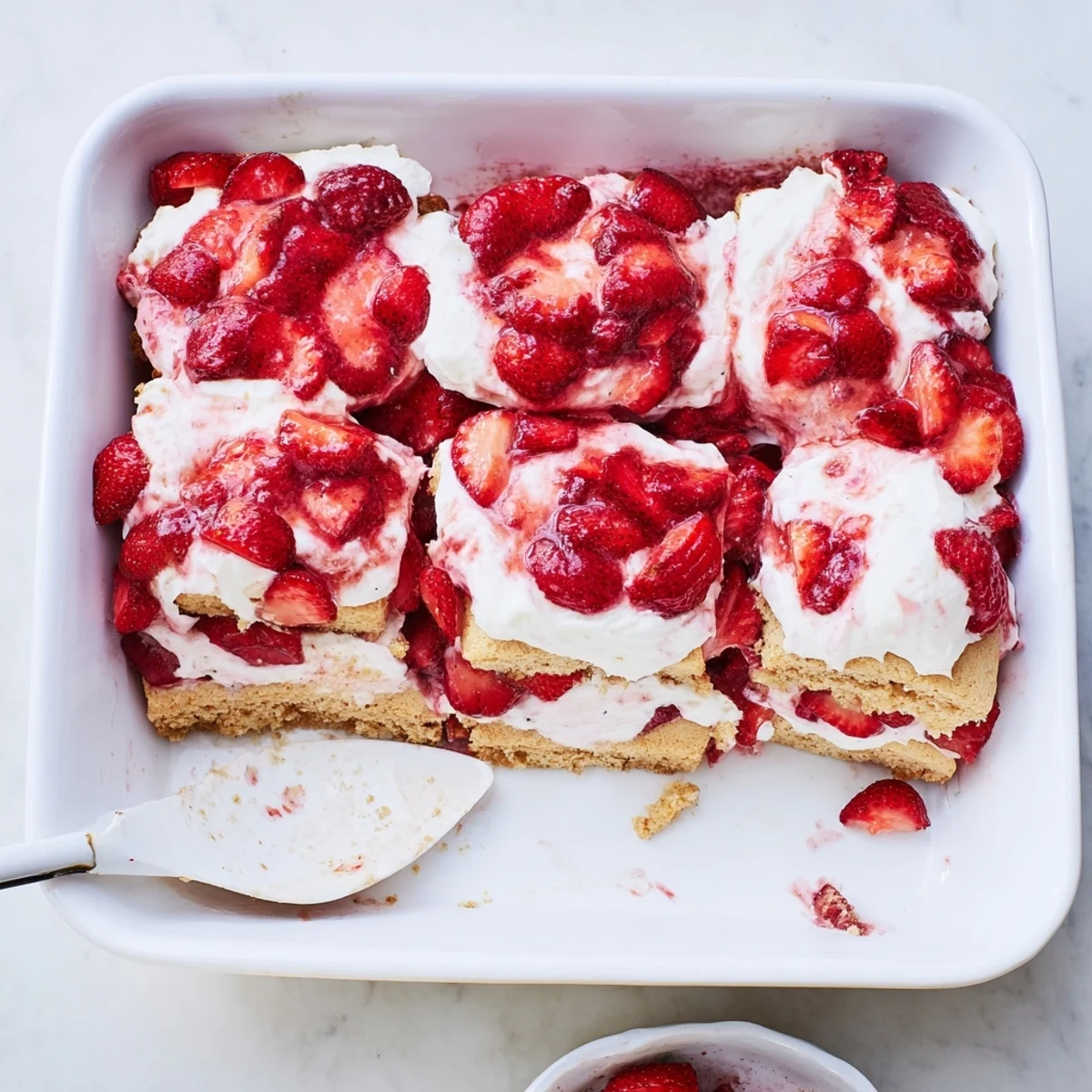 Chilled no bake strawberry shortcake dessert with sweet macerated strawberries, fluffy cream, and soft vanilla cookies