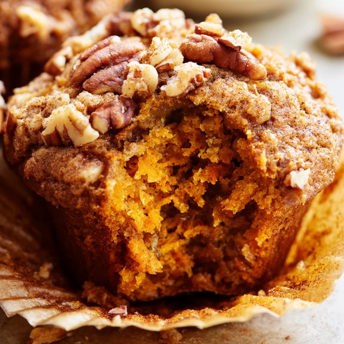 Golden pumpkin banana muffins topped with walnuts on a white wire cooling rack