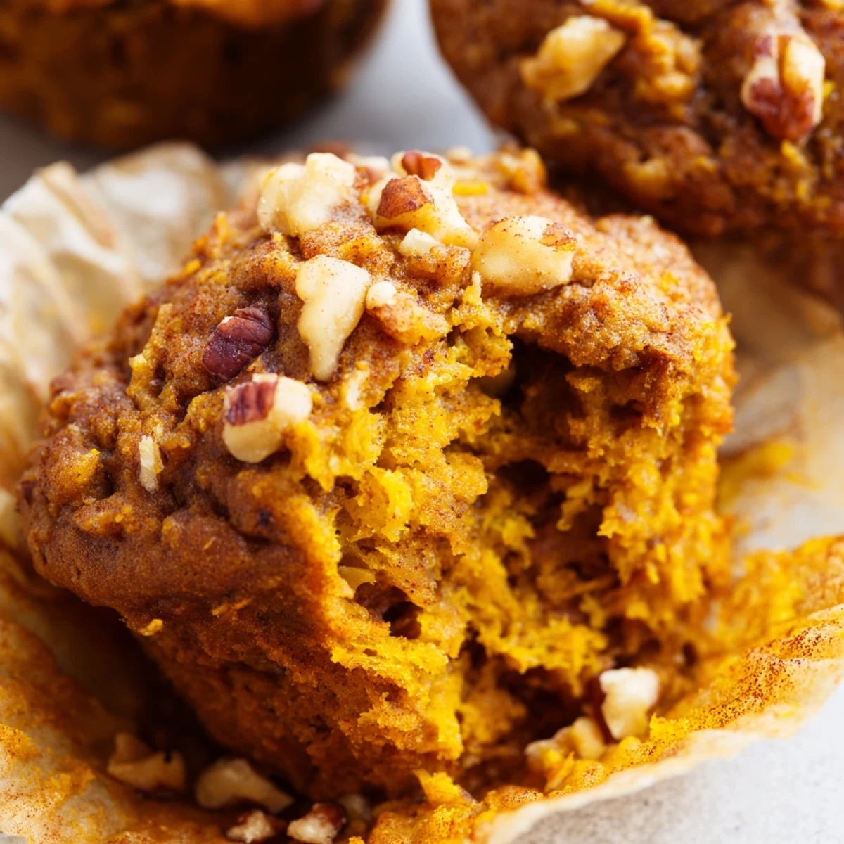 Freshly baked muffins with cracked tops revealing moist pumpkin banana crumb interior