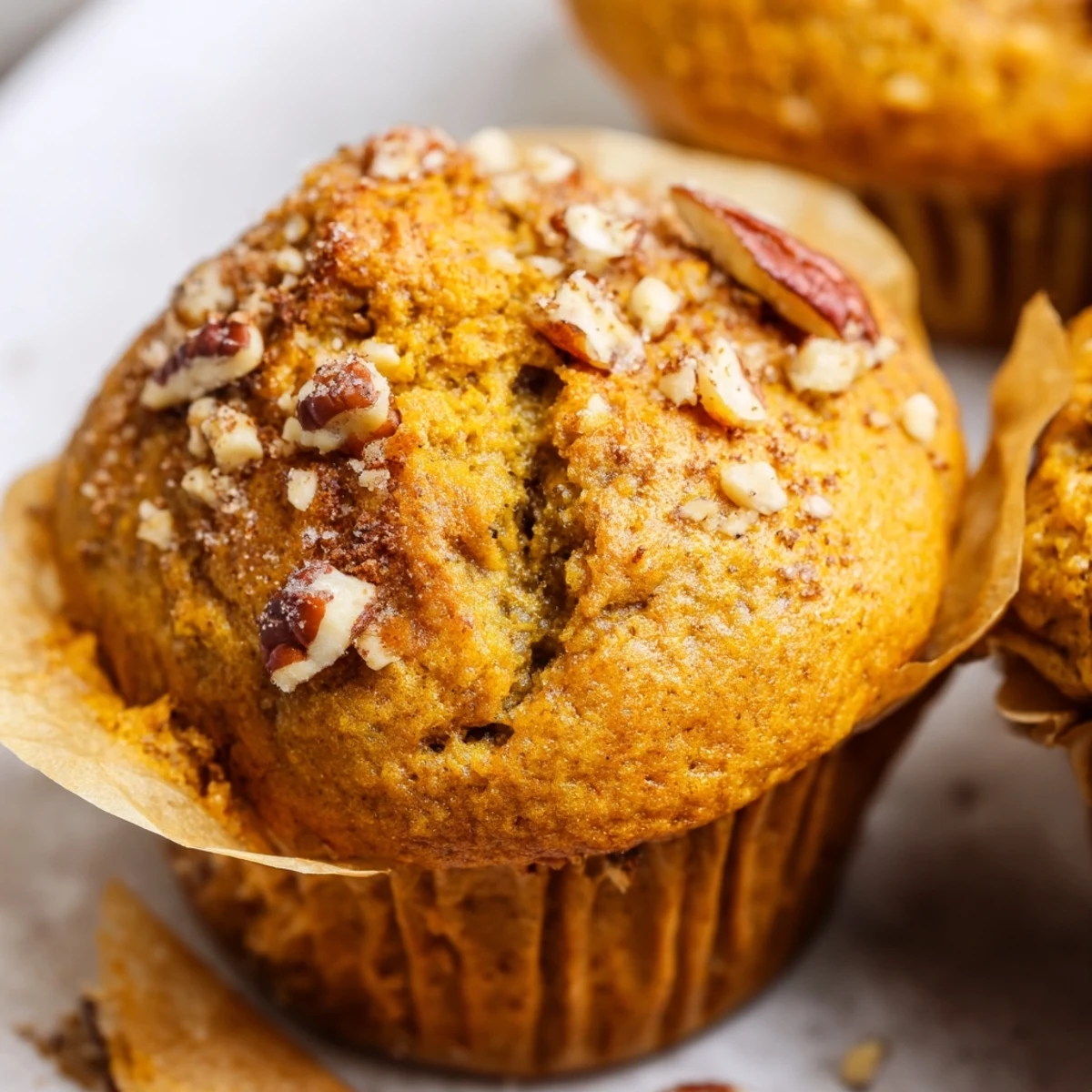 Stack of warm spiced pumpkin banana muffins ready for breakfast with melted butter dripping