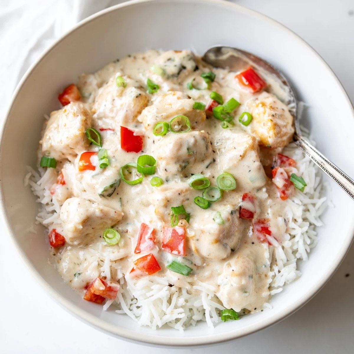 Creamy Cajun chicken rice bowls topped with colorful bell peppers and fresh green onions