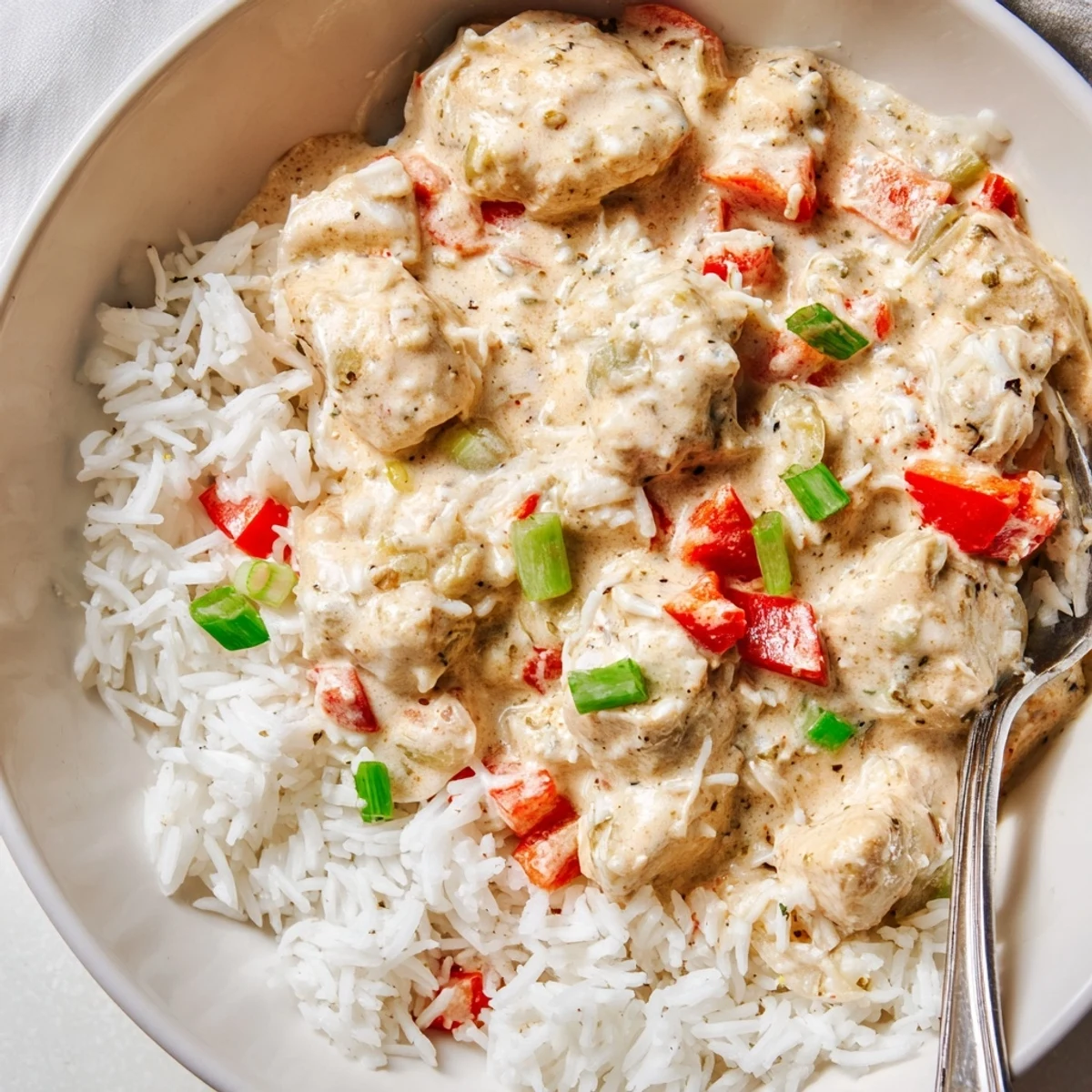 Golden spicy chicken pieces nestled in rich sauce over fluffy white rice in bowls